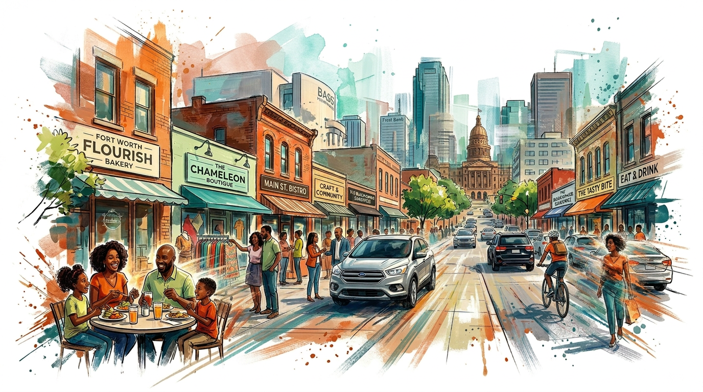 Colorful watercolor illustration of Fort Worth's downtown community